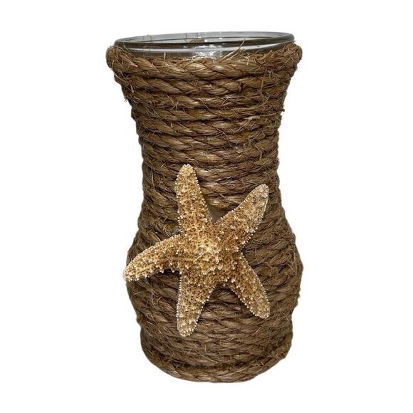 Vintage Handcrafted Jute Rope Wrapped Glass Vase With Starfish 8" Tan Artisan - Picture 9 of 10